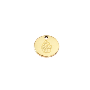 Polished 18K gold-plated stainless steel round pendant featuring a cupcake engraving