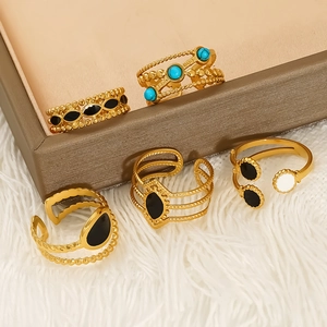 Geometric Open Ring 304 Stainless Steel 18K Gold Plated Enamel Turquoise Vintage Bohemian Style Adjustable For Women