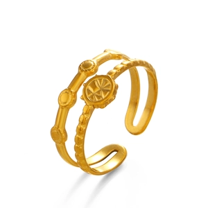 Minimalist double-layer 18K gold-plated stainless steel open ring with circular relief