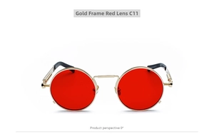 Steampunk round sunglasses with gold metal spring frame and red tinted lenses