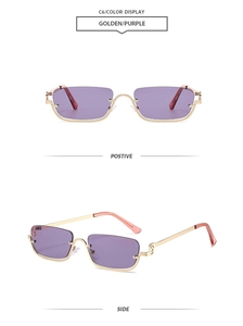 Detail view of gold metal semi-rimless rectangular sunglasses with purple tinted lenses