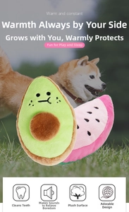 Detail of plush avocado and watermelon dog toys with squeakers and teeth cleaning texture