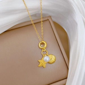 Titanium steel necklace with shell, starfish, and pearl pendants on a golden O-chain