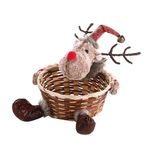 Christmas reindeer woven candy basket with festive red hat and bells for table decoration