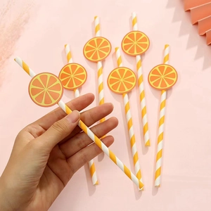 Biodegradable striped paper straws with orange fruit slice decoration for party