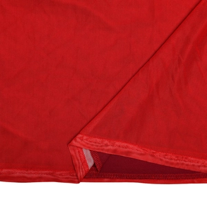 Macro shot of red mesh fabric texture and double-stitch hem detail on long dress