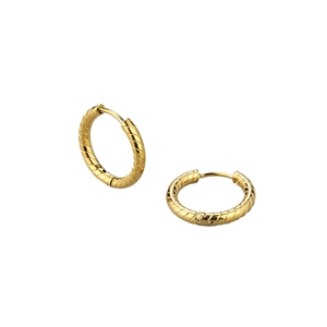 Polished golden stainless steel hoop earrings with textured spiral rope pattern design