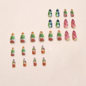 Colorful almond press on nails with fresh fruit patterns like kiwi and strawberry