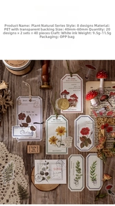 Macro detail of PET vintage plant stickers with white ink floral and fungi patterns
