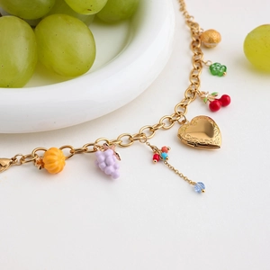 18K gold plated stainless steel bracelet with colorful fruit and heart charms