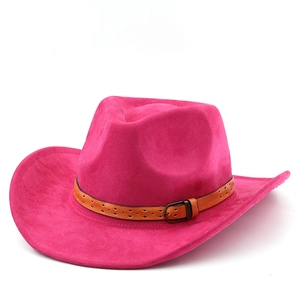 Classic fuchsia suede western cowboy hat with brown leather band and metal buckle detailing
