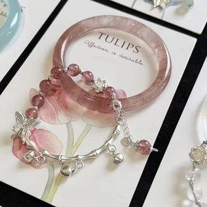 Ensemble de bracelets en cristal fraise rose avec breloques bambou et papillon argentés