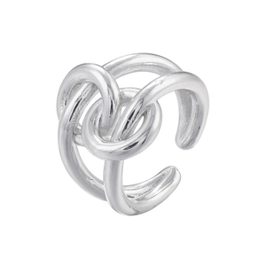 Detail of silver twisted knot ring showing intricate metallic braided texture and shine