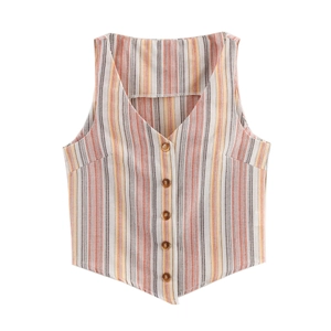 Gilet estivo da donna con scollo a V e righe verticali in tessuto di cotone e lino