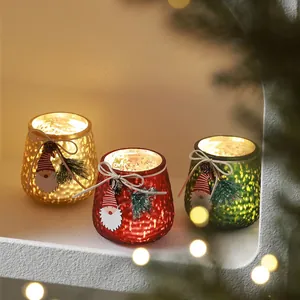Christmas Glass Candle Holder Glowing Decorative Jar With LED Light Pine Cone Hemp Rope For Holiday Desktop Decor