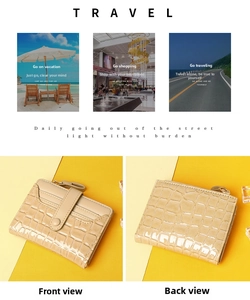 Front and back views of a beige crocodile pattern short wallet for women with multi-card slots