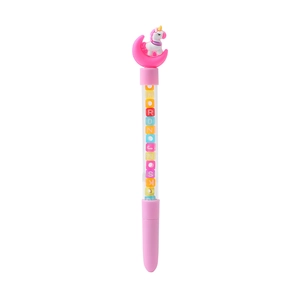 Detail of pink unicorn pen with moon topper and colorful letter beads in the barrel