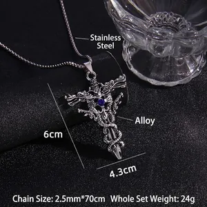 Gothic punk dragon sword necklace with blue gem and stainless steel bead chain