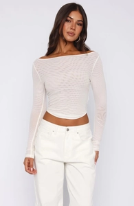 Detail view of the white sheer mesh off-the-shoulder long sleeve cropped top for women