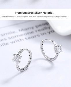 Detailed close-up of S925 sterling silver twist hoop earrings with sparkling zircon stones