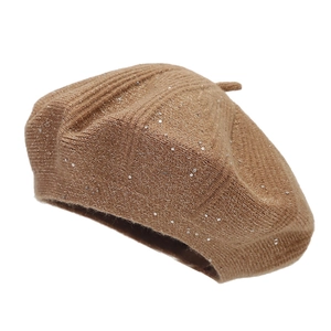 Fashionable sequin knit beret for women in warm camel tone with wool texture