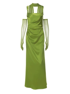 Elegant green satin long dress with matching mesh gloves and slim fit silhouette