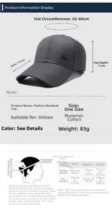 Size chart showing 9.5cm long brim baseball cap measurements and head circumference guide