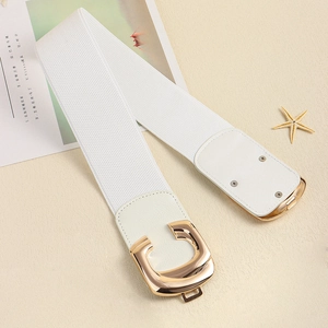 Detail of white elastic waist belt with golden U-shaped buckle and leather trim