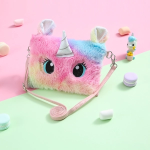 Plush unicorn crossbody bag for kids with rainbow fur and silver glitter horn details