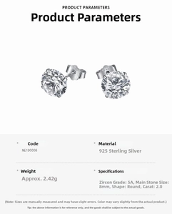 Detail view of S925 sterling silver earrings with 2.0ct 8mm 5A round cubic zirconia