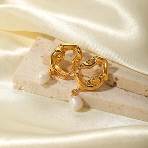 Freshwater Pearl Drop Earrings Stainless Steel 18K Gold Plated Hollow Lava Irregular Vintage Light Luxury Jewelry For Women