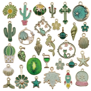 28-piece green enamel cactus and sea life alloy pendants set for DIY jewelry making