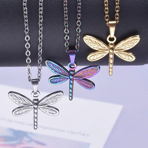 Minimalist dragonfly necklaces in silver, gold and rainbow finish stainless steel