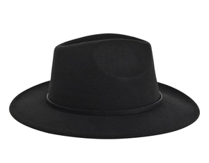 Detail of wide brim black felt fedora hat with smooth texture and decorative band