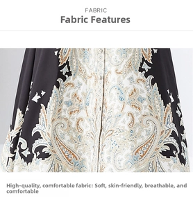 Detailed macro view of Paisley print fabric texture for long flare sleeve dress