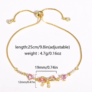 Adjustable gold bracelet with pink heart zircon and sparkling bow pendant ornament