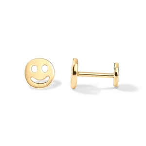 Detailed close-up of two golden smiley face studs with threaded back for ear cartilage