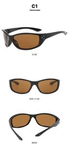 Three-way view of Y2K cycling sunglasses in black frame with tea brown lenses and studs