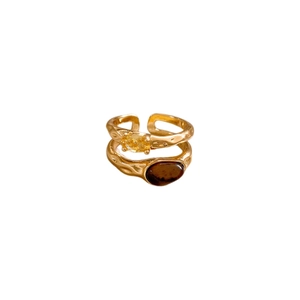 Golden double-layer open ring featuring oval yellow zircon and brown tiger eye stone
