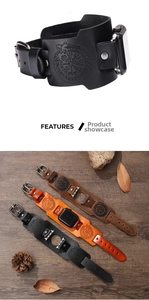 Detail of vintage leather Apple Watch band with Viking compass and dragon totem engraving