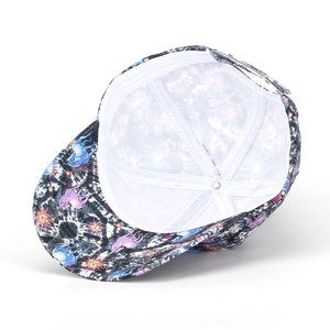 Detail view of tropical baseball cap showing interior construction and adjustable strap