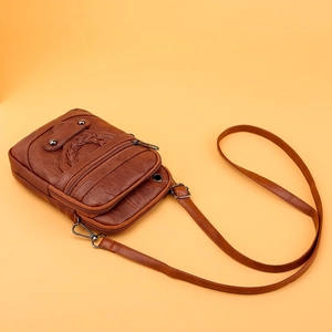 Classic brown PU leather crossbody cell phone bag for women with multi-layer zippers