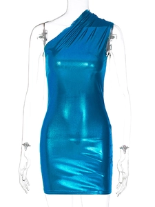 Detail of slim fit electric blue one-shoulder mini dress with metallic shiny texture