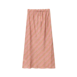 Close-up of peach-orange linen midi skirt with vertical stripes and elastic waistband