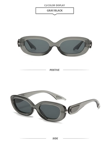 Front and side views of stylish oval gray sunglasses with dark lenses for outdoor wear