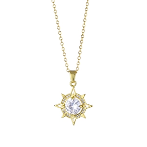 Polished gold eight-pointed star pendant necklace with zircon crystals on a fine O-chain