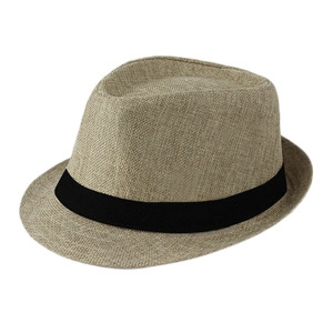 Close-up of breathable linen fedora hat featuring coarse weave texture and black band