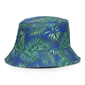 Blue fisherman hat with tropical green palm leaf print for outdoor sun protection