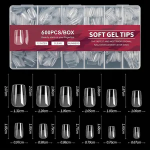Detailed size chart for matte coffin false nail tips showing precise length and width data