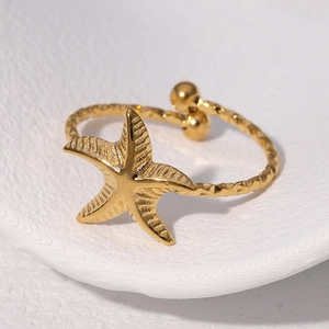 Bague étoile de mer minimaliste en acier inoxydable plaqué or 18K avec anneau texturé